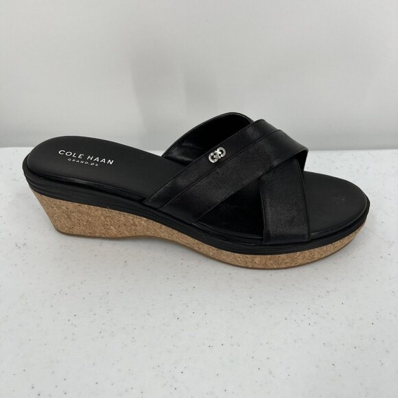 Cole Haan Women's Black Leather Cork Wedge Sandals Size 9.5B - Picture 1 of 11